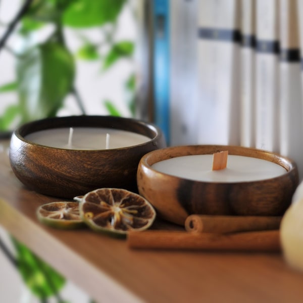 Soy Wax | Wood Wick Candle For Your Gifts | Vegan, Non Toxic, Best Friend Gift Basket, Decorative Candle, Wooden Bowl, Aromatherapy Candles,