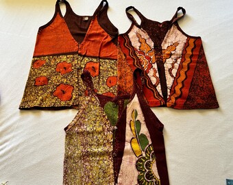 One of a Kind Vintage lot of 3 1970&#39;s Hang Batik Tank Tops UNFINISHED PETITE FIT sexy summer hippy organic vibe