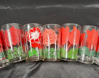 8 oz Vintage Boscal Peanut Butter Glass Tumblers with Assorted Flowers
