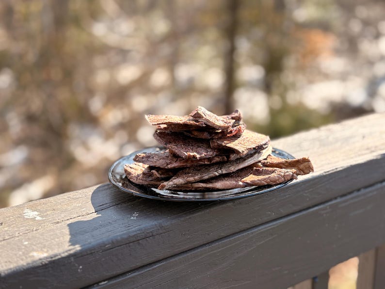 May include: A stack of dark brown, dried food slices on a black plate, resting on a wooden railing. The food appears to be bark-like in texture. The background is blurred, with hints of trees and sunlight.