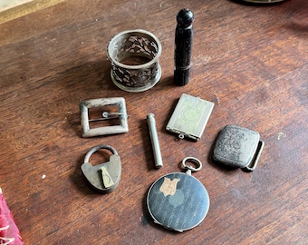 Vintage collectibles  locket, silver napkin ring, lighter,bronze  buckle, silver brooch, watch case, lock, cylinder container