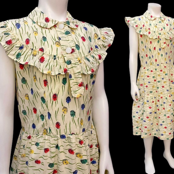 Vintage 40s 50s preteen girls 10 dress cotton print floral ruffle bodice school day dress Peter Pan collar homesewn