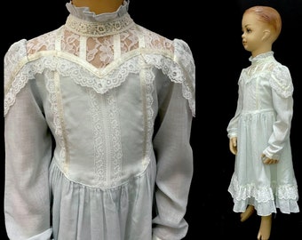 Vintage 80s 6 girls childs dress Gunne Sax pale blue Victorian Prairie romantic long sleeve waist tie high neck clean