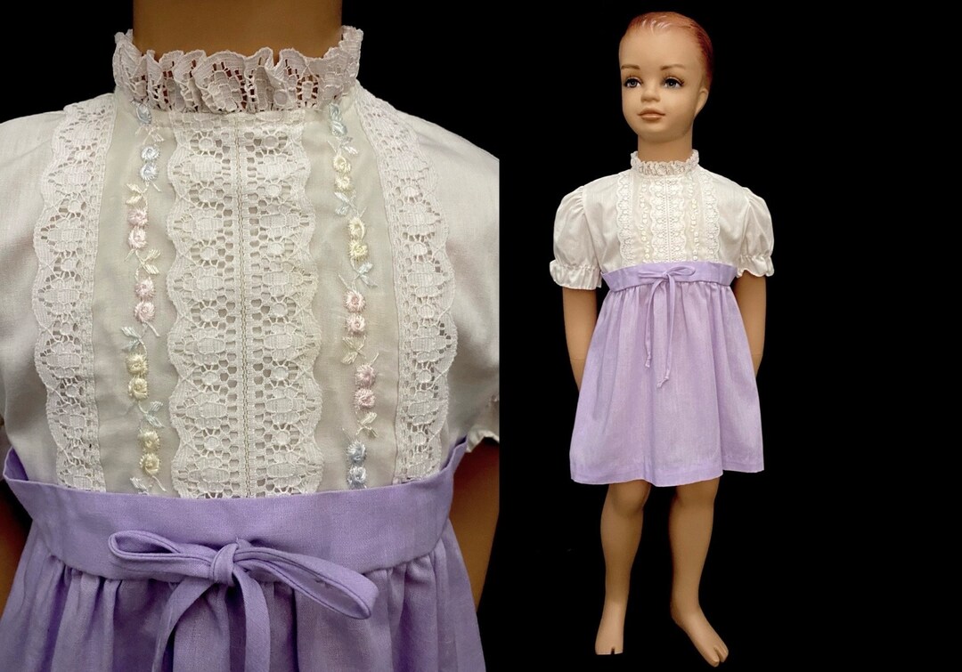 Vintage 70s 80s 4T Girls Dress Jcpenney Lavender White Lacey Party Dress Easter Family Photo