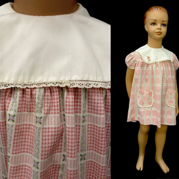 Vintage 70s 80s 3T girls dress pink white check plaid spring summer bunny applique big collar