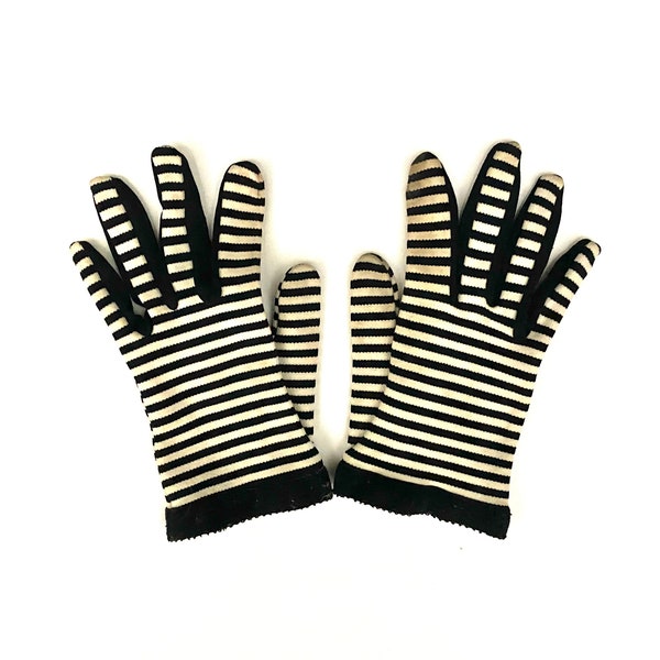 Vintage 50s 60s childs gloves black white striped knit wrist length preteen XXS adult midcentury costume photo shoot made in Switzerland