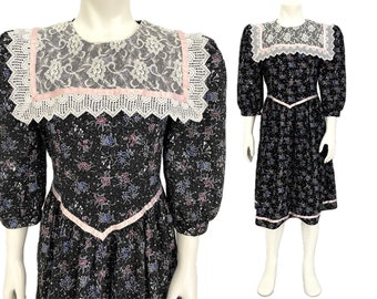 Robe vintage des années 80, 10 filles, Eber Girl, col carré en coton floral rose noir, style Gunne, occasion spéciale des prairies Made in USA