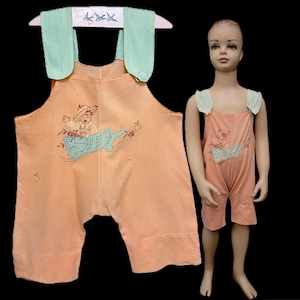 May include: Two pairs of peach colored overalls with green straps and embroidered images of a child holding an apple. One pair is hanging on a hanger and the other is being worn by a mannequin.