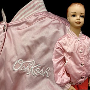 Vintage kids size 4 pink OskKosh B&#39;Gosh satin baseball jacket lined snap front pockets classic retro embroidered logo pastel