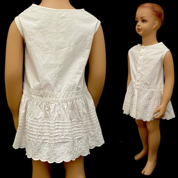 Vintage 1910s 20s 3T girls dress slip white cotton embroidered tuck ruffle hem sleeveless tank shift button back