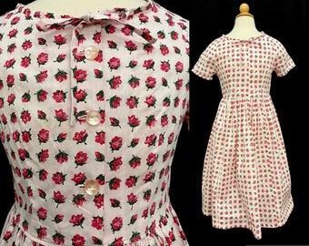 Robe vintage des années 50, préados, 12 enfants, boutons de rose en coton rose cousu maison, printemps été