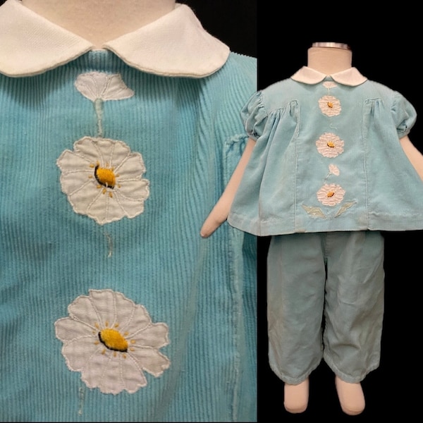 Vintage 60s 12 month girls top and overall pants set aqua corduroy flower appliques cotton made in Italy snap crotch