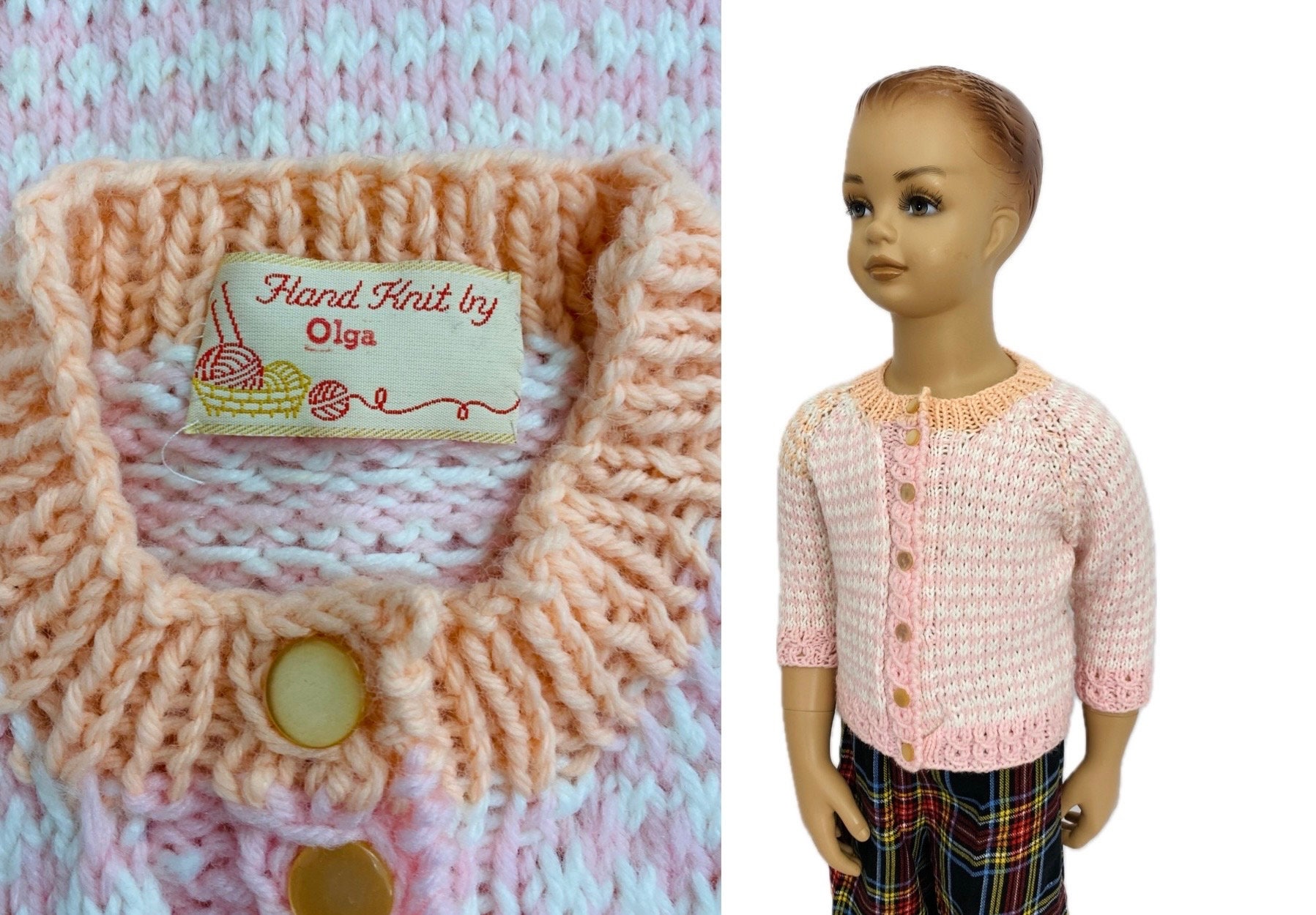 Vintage 2T kids sweater cardigan Hand knit by Olga pink peach white button front acrylic Unworn old stock slow fashion gift for child