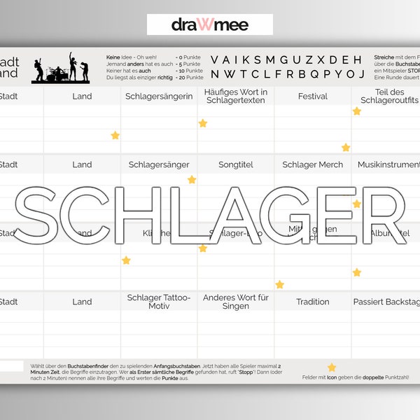 Stadt Land Schlager: Quiz for real hit fans - gift folk music, pop (A4 print template PDF)