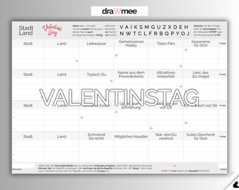 Stadt Land Valentinstag - Paarspiel Quiz Geschenk für Paare (A4 Druckvorlage PDF)