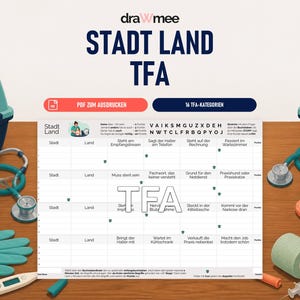 May include: A game sheet titled Stadt Land TFA featuring a grid for categories like Stadt and Land, surrounded by illustrations of teal pet carriers, a stethoscope, paw-shaped pads, green medical gloves, a thermometer, and a syringe on a table.