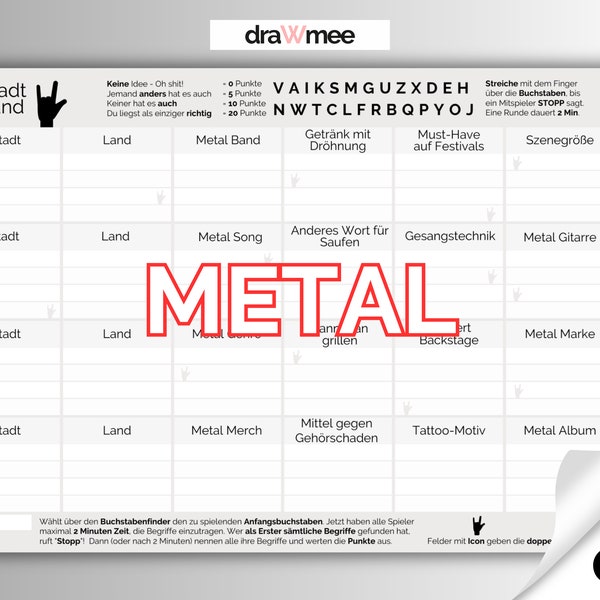 Stadt Land Metal: Quiz für echte Metalheads - Geschenk Heavy-Metal Rock (A4 Druckvorlage PDF)