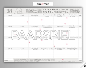 Stadt Land Paarspiel - Quiz Geschenk für Paare, Partner, Freunde und Co (A4 Druckvorlage PDF)