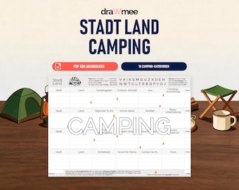 Peut inclure: Une feuille de jeu imprimable intitulée Stadt Land Camping avec une grille pour des catégories comme Land, Campingplatz et Outdoor-Aktivität. La feuille présente le mot CAMPING en grandes lettres contour, des cônes orange et des instructions en allemand.