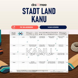 Könnte beinhalten: Ein ausdruckbares Spielblatt mit dem Titel Stadt Land KANU, das ein Raster für Kategorien wie Stadt, Land und Kanubegriffe enthält. Das Blatt zeigt eine Zeile zur Buchstabenauswahl, Punkteanleitungen und das Wort KANU in großen Buchstaben, umgeben von Illustrationen von Paddeln, einer Schwimmweste, einem Seil und einer Wasserflasche.