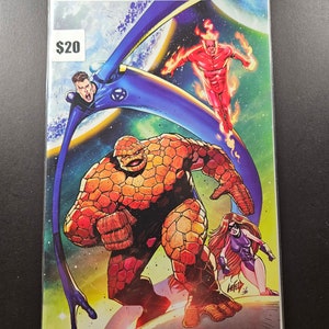 May include: A comic book cover featuring the Fantastic Four. The cover art depicts Mr. Fantastic, The Thing, The Human Torch, and Invisible Woman in a space setting. The cover is in a blue, orange, and red color scheme. The price of the comic book is $20.
