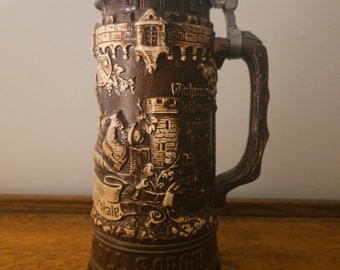 Large German Beer Stein Brown Color 12" Tall Authentic