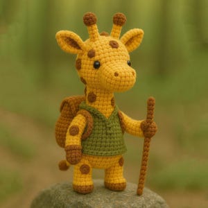 May include: A handmade crochet giraffe toy with a yellow body, brown spots, and a green vest. The giraffe is wearing a brown backpack and holding a brown walking stick. It is standing on a gray rock against a blurred green background.