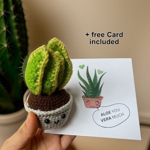 Plante au crochet d'aloe vera fabriquée à la main avec carte de voeux inspirante - ornement de bureau - beau cadeau pour les amateurs de plantes l never die flower