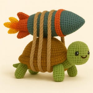 Può includere: Una tartaruga all'uncinetto che trasporta un razzo. La tartaruga è verde con un guscio marrone. Il razzo è verde acqua, arancione e giallo, fissato con una corda beige. La tartaruga ha una faccia sorridente.