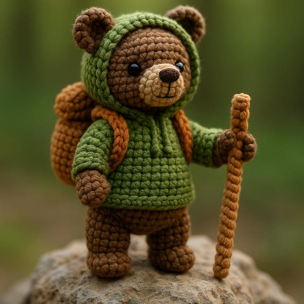Osito Explorador de Peluche Pequeño – Senderista de Ganchillo Hecho a Mano con Mochila, Regalo de Camping en Miniatura, Amigurumi de Aventura Kawaii – HookedByLia