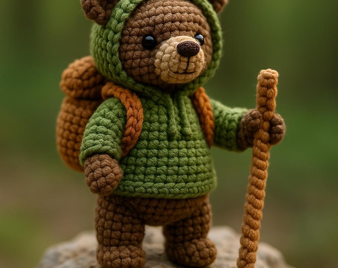 Tiny Explorer Bear Plush – Handmade Crochet Hiker with Backpack, Miniature Camping Gift, Kawaii Adventure Amigurumi – HookedByLia