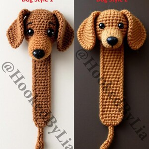 May include: Two crocheted dachshund dog bookmarks in brown. The bookmark on the left has a more rounded head and the bookmark on the right has a more pointed head. Both bookmarks have the text "@HookByLia" on them.