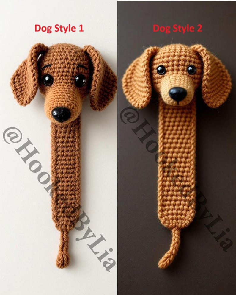 May include: Two crocheted dachshund dog bookmarks in brown. The bookmark on the left has a more rounded head and the bookmark on the right has a more pointed head. Both bookmarks have the text "@HookByLia" on them.