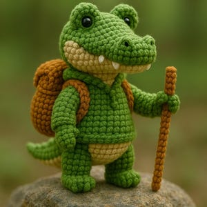 May include: A crocheted alligator figurine in shades of green, tan, and brown. The alligator wears a green hoodie and backpack, holding a brown walking stick. The figure is standing on a rock, with a blurred green background.