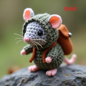 Puede incluir: Un pequeño ratón de crochet que lleva una chaqueta verde con capucha y una mochila marrón. El ratón tiene pelo gris, ojos negros y orejas y patas rosas. "Style B" está escrito en rojo en la imagen.