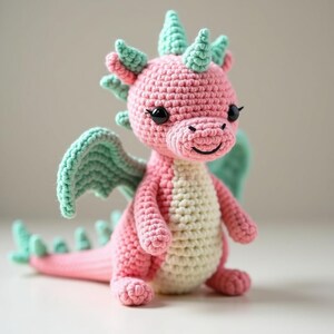 May include: A pink and green crocheted dragon toy with black eyes and a smiling mouth. The dragon has wings and a long tail.