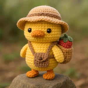 May include: A handmade yellow crochet chick wearing a brown hat and carrying a small brown bag with a red strawberry. The chick has orange feet and a brown strap across its chest. The chick is standing on a rock.