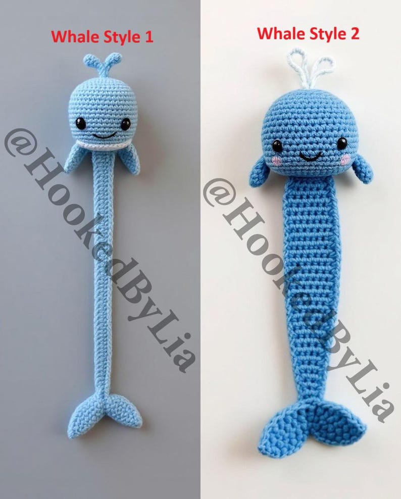 May include: Two crocheted whale bookmarks in blue with white accents. The whale on the left has a simple tail, while the whale on the right has a more detailed tail with a white fin. Both whales have black eyes and a white smile. The text "Whale Style 1" is above the whale on the left, and the text "Whale Style 2" is above the whale on the right. The text "@HookedByLia" is in the bottom right corner of the image.