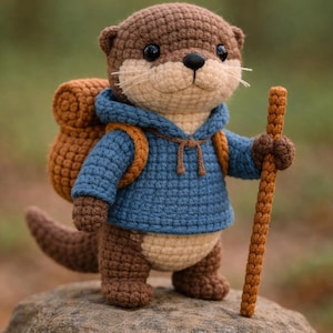 Tiny Explorer Otter Plush – Handmade Crochet Hiking Otter with Backpack & Walking Stick, Cozy Woodland Gift, Kawaii Amigurumi – HookedByLia