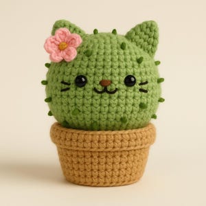 May include: A crocheted cactus cat with a pink flower on its head, set in a tan crocheted pot. The cactus is green with black eyes, a brown nose, and a smiling mouth. The pot is a light brown color.