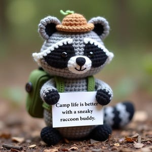 Peluche raton laveur au crochet avec feu de camp – Camping-car Amigurumi fait main avec écharpe et carte de citation, décoration de chambre d'enfant sur le thème de la forêt, cadeau pour amoureux de la nature