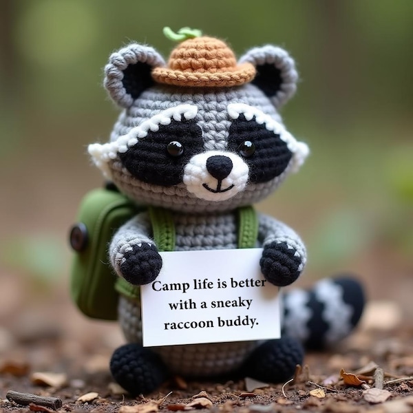Campfire Crochet Raccoon Plush – Handmade Amigurumi Camper with Scarf & Quote Card, Forest-Themed Nursery Decor, Nature Lover Gift