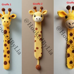 May include: Three crocheted giraffe bookmarks in yellow and brown with black eyes. The bookmarks are labeled "Giraffe 1", "Giraffe 2", and "Giraffe 3".