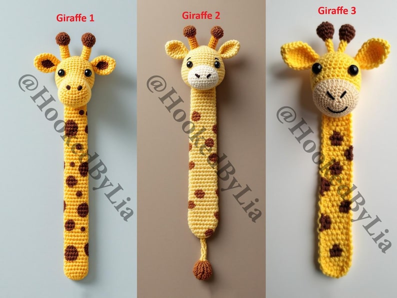 May include: Three crocheted giraffe bookmarks in yellow and brown with black eyes. The bookmarks are labeled "Giraffe 1", "Giraffe 2", and "Giraffe 3".
