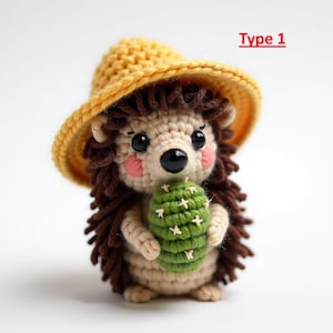 May include: A crocheted hedgehog figurine with a yellow hat and a green cactus. The hedgehog has brown spines, a beige face, and pink cheeks. The text "Type 1" is in red. The cactus is held in the hedgehog's paws.