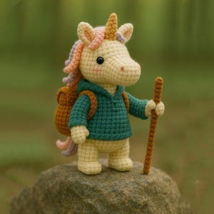 May include: A crocheted unicorn figurine with a backpack and walking stick stands on a rock. The unicorn has a cream-colored body, a teal hoodie, and a brown backpack. Its mane is a mix of pink, orange, and purple. The unicorn is holding a brown walking stick.