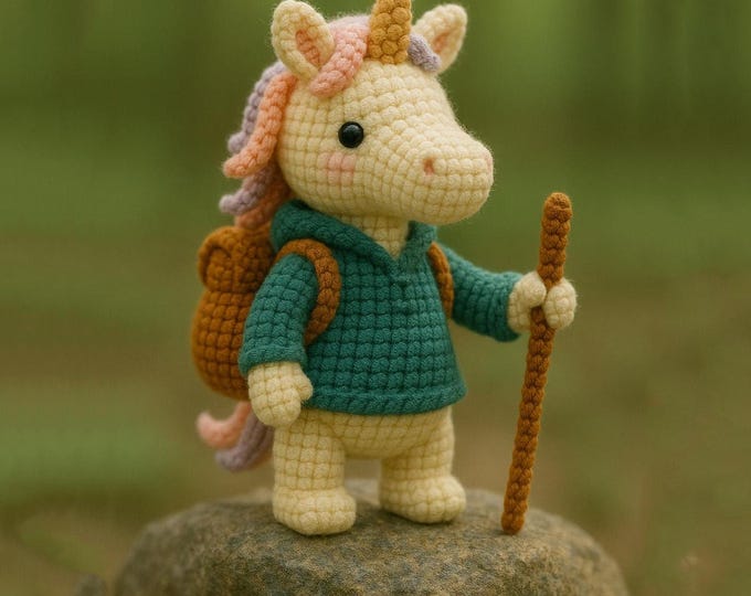 Gehäkelter kleiner Entdecker Einhorn Plüsch - Gehäkelter Wanderer mit Rucksack, Miniatur Camping Geschenk, Kawaii Anhänger - HookedByLia