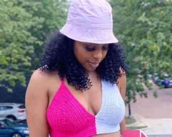 Two Tone Crochet Halter Top PATTERN, Colorblock Knit Bralette (PDF Pattern)