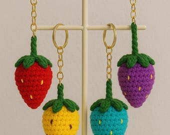 Patrón de llavero de fresa a crochet en PDF, ideal para principiantes. Tutorial para llavero de fruta. Patrón de crochet estético y bonito. Regalo DIY.