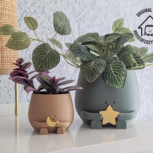 May include: Two ceramic planters with cute cartoon faces. The planter on the left is brown with a moon and stars design. The planter on the right is gray with a star design. Both planters have plants growing in them.